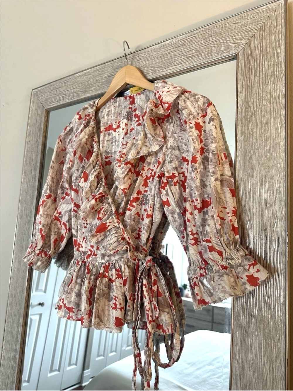 Polo Ralph Lauren Orange And Ivory Floral Ruffle Wrap Blouse Size Small